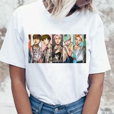 This K-Pop t-shirt features members of the popular boy band Bangtan Boys (BTS), Jin, Suga, and J-Hope, printed in colorful silhouettes for an eye-catching style. Show your love for BTS and add a unique style to your wardrobe with this shirt from Urban Shoes today. SPECIFICATIONS ulzzang: aesthetic streetwear: tumblr korean style clothes: korean fashion kawaii: harajuku japanese clothing: female clothing funny tshirt: korean clothing women: female t shirt clothing for women: graphic tees women St Kpop T Shirt, Kpop Tshirt, Urban Shoes, Jimin V Jungkook, Pop T, Aesthetic Streetwear, Japanese Outfits, Cartoon T Shirts, J Hope