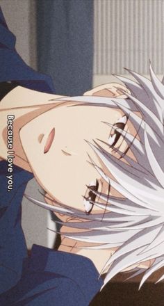 an anime character with white hair and blue eyes looking at something in front of him