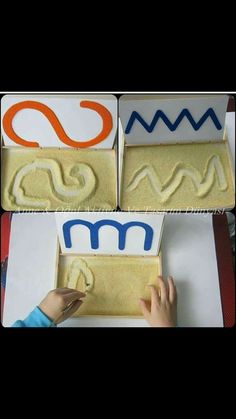 three pictures of different shapes and sizes of letters in sand with hands on the ground