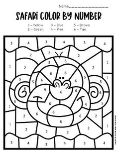 a color by number page for the safari coloring book, featuring an image of a monkey