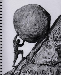 a pencil drawing of a man climbing up a mountain with a rock on his back