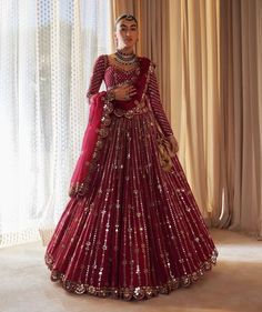 Wine Lehenga, Maroon Bridal Lehenga, Maroon Lehenga, Vani Vats, Lehenga And Blouse, Mirror Border, Mirror Work Lehenga, Mirror Work Blouse, Multicolor Sequins