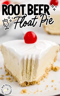 a slice of root beer float pie on a white plate with a cherry on top