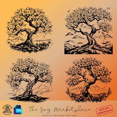 four tree silhouettes in different styles and colors