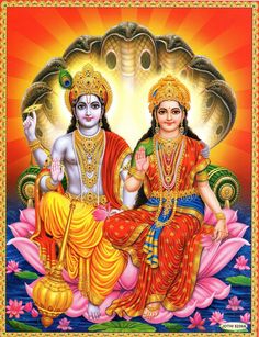 two deities sitting on a platform in front of a blue background