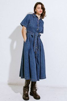 A washed denim midi dress featuring shirt collar, button down, self sash tie, side pockets and A line skirt. 80% Cotton 20% Polyester Hand wash cold, lay flat to dry. Do not dry clean. Pull over head or use the buttons to put on like a shirt Size & Fit - Model is 5`8" And Wearing Size Small Approx. Length: 50" from shoulder to hem Armani Dress, Denim Midi Dress, Maxi Shirts, Flying Tomato, Maxi Shirt Dress, Day In The Life, Washed Denim, Curvy Outfits, Casual Streetwear