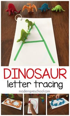 this is an image of dinosaur letter practice for toddlers to learn how to write and draw