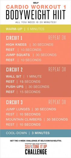 the cardio workout bodyweight hit is shown in red and blue, with instructions for each