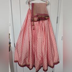 Designer Indian Wear. Gorgeous Light Pink Skirt With Gold Details And Magenta Pleated Hem. Side Zipper And Drawstring Tie With Tassel Details. Would Accommodate All Waist Sizes. Comes With Matching Shawl With Gold Details And Rhinestones. Feel Free To Ask Any Questions In The Comments! Designer Indian Wear, Light Pink Skirt, Lehenga Dupatta, Indian Skirt, Dupatta Set, Pink Skirt, Traditional Indian, Indian Design, Indian Wear