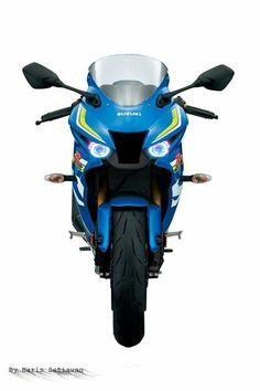 the front end of a blue motorcycle on a white background