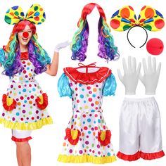 a girl in clown costume with accessories including gloves, wigs and dress up clothes