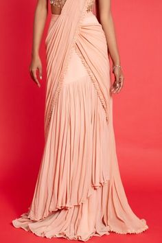 Peach pre-draped ruffle saree. Paired with a padded blouse with all over floral embroidery using threads, sequins, cutdana. - Aza Fashions Ruffle Sarees, Ruffle Saree, Padded Blouse, Drape Saree, Saree With Blouse, Embroidered Blouse, Aza Fashion, Floral Embroidery, Blouses For Women