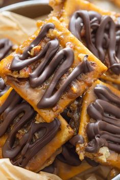 chocolate covered waffles are in a bowl