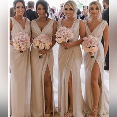 the bridesmaids are all dressed in different styles of gowns and bouquets