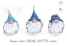 three gnomes with blue hats and text that says, keep calm gnome water what