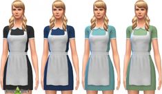 four different colored aprons are shown in this image, one is white and the other is blue