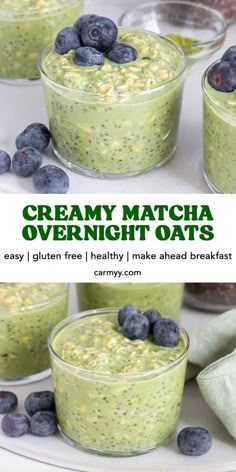 creamy matcha overnight oats with blueberries and chives