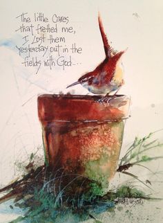 a painting of a bird sitting on top of a potted plant with a verse written below it