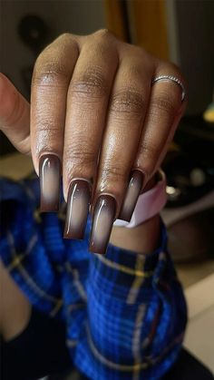 Long Fall Almond Nails, Airbrush Brown Nails, Brown On Brown Nails, Fall Nails Airbrush, Gel X Brown Nails, Fall Brown Acrylic Nails, Fall Long Almond Nails, Fall Nail Inspo 2024 Square, Fall Season Nails Square