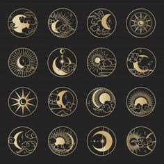 the phases of the moon and sun in gold on a black background stock photo - budget conscious