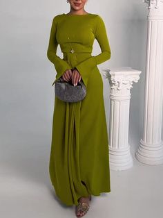 Sku CY-!135016 Material Polyester Style Long Sleeves , Irregularity , Bodycon Feature Split-front , Solid Color Neckline Round-neck Occasion Evening , Banquet , Going out , Casual , Simple , Stylish Selection , Leisure Fashion , Hot Springs Seasons Spring , Summer , Autumn , Winter Type Maxi Dresses Color GREEN Size S,M,L,XL,2XL Please consult the size chart we provide for this item's measurements to help you decide which size to buy.Please note: There may be 1-3cm differ due to manual measureme Evening Dresses Online, High Waisted Maxi Skirt, Maxi Skirt Dress, Leisure Fashion, Solid Green, Spring Women, Maxi Dress Green, Sleeve Dresses, Vintage Elegant