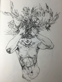 a drawing of a man with flowers on his head