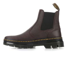 Durable upper, Easy slip-on design with dual elastic side panels for easier on and off, SoftWair comfort footbed, Flexible outsole, Breathable fabric lining, Lightly padded shaft, Fabric pull tab at back, Signature yellow stitching details, Dr. Martens branding details | Women's Dr. Martens Embury Chelsea Boot in Gaucho Size Men's 10/ Women's 11 Slip-on Sports Boots With Rubber Sole, Sporty Slip-on Slip-resistant Boots, Slip-on Slip-resistant Sports Boots, Slip-resistant Slip-on Sports Boots, Chelsea Boots Women, Stitching Details, Shoe Carnival, Chelsea Boot, Personal Marketing