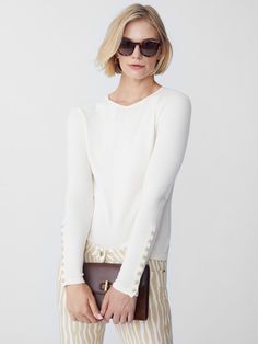 As easy as a tee, our raglan sleeve sweater comes in season spanning stretch knit with tiny golden buttons like built-in jewelry. | J.McLaughlin Women's Jamey Sweater Egret White, Size XS | Cotton Egret White, Raglan Sleeve Sweater, J Mclaughlin, White Solid, Women's Sweaters, Sleeve Sweater, Raglan Sleeve, Built In, Sweaters For Women