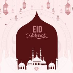 the eid mubarak greeting card with arabic calligraphy and mosques on pink background