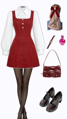 Dresses To Wear In The Winter, Christmas Outfits Aesthetic Dresses, Red Uniform Outfit, The Nutcracker Outfit Ideas, Red Academia Outfit, Christmas Outfit Pictures, Noel Outfit, Maroon Dress Outfit, Cheryl Blossom Outfits