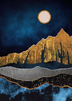 a painting of mountains with a full moon in the sky