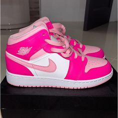 White/Med Soft Pink Air Jordans Never Used,Brand New Light Pink Air Jordans, Pink High Top Nike Shoes, Nike Shoes Jordans Air Force, Pink Star Shoes, Different Color Dunks, Cute Shoes For Women Sneakers, Cute Pink Jordans, Shoes For 6th Grade, Expensive Shoes Women