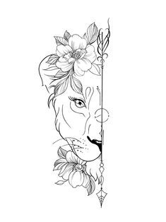 a drawing of a lion with flowers on it's head and an arrow in its mouth