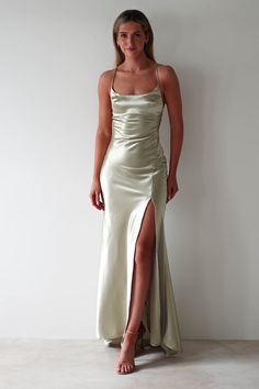 Celinee Satin Maxi Gown | Sage Fitted Bodice Slip Dress With Back Opening For Prom, Fitted Slip Dress With Ruched Back, Maxi Length, Fitted Maxi Length Slip Dress With Ruched Back, Fitted Maxi Slip Dress With Ruched Back, Fitted Satin Slip Dress With Low Back, Fitted Satin Slip Dress With Back Opening, Fitted Satin Suspender Dress, Sleek Fitted Slip Dress With Back Opening, Evening Fitted Slip Dress With Adjustable Straps