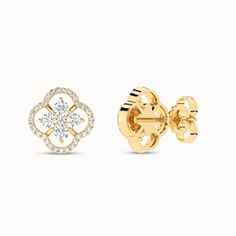 The Viola Blossom Studs from Verlas are a gorgeous pair of earrings that capture the essence of spring. These studs feature a floral design made of solid gold and embellished with round and marquise diamonds. The studs have a secure push-back closure that ensures a comfortable fit. These earrings add a touch of freshness and sparkle to any outfit. Classic Yellow Gold Flower-shaped Cluster Earrings, Formal Yellow Gold Cluster Earrings In Flower Shape, Luxury Yellow Gold Flower Shaped Cluster Earrings, Luxury Yellow Gold Flower Shaped Diamond Earrings, Yellow Gold Flower Earrings With Brilliant Cut, Elegant Yellow Gold Flower Earrings With Diamond Accents, Luxury Yellow Gold Flower Earrings For Formal Occasions, Luxury Yellow Gold Flower Earrings For Formal Events, Formal Yellow Gold Flower Earrings With Diamond Accents