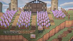 an animated farm scene with purple flowers in the foreground and a brown building on the other side