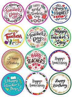 happy teacher's day badges with the words happy teachers day written in different languages