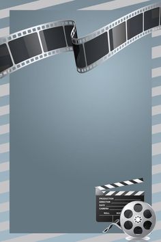 a film strip and reel on a striped background with a movie clapper in the foreground