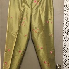 Chartreuse Green Silk Pants With Embroidered Flower Design. No Waistband. Invisible Side Zipper. Nwot Embroidered Full-length Bottoms For Spring, Embroidered Full Length Bottoms For Spring, Spring Embroidered Full Length Bottoms, Spring Stretch Pants With Floral Embroidery, Fitted Floral Embroidered Long Pants, Fitted Floral Embroidery Long Pants, Spring Floral Embroidery Stretch Pants, Spring Fitted Embroidered Pants, Spring Embroidered Fitted Pants