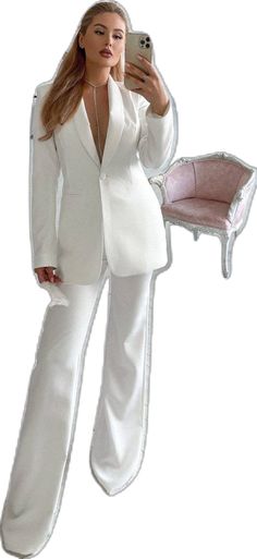 Elegant White Formal Pantsuit, Tailored White Pants For Wedding, White Tuxedo Style Pantsuit For Work, White Tuxedo Style Business Pantsuit, White Tuxedo Pants For Work, White Tuxedo Style Work Pants, Classic White Pants For Wedding, Elegant White Business Pantsuit, White Tailored Suit For Work