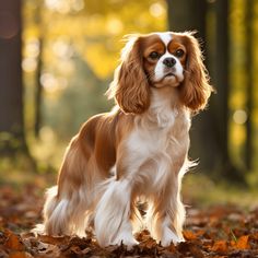 a brown and white dog standing in leaves