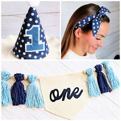 a collage of photos showing how to make a one - year birthday banner with tassels