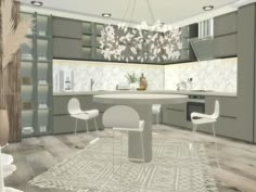 a rendering of a modern kitchen and dining room with white chairs, an island table and cabinets