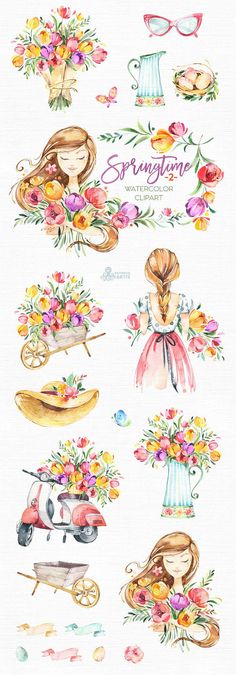 watercolor illustrations of flowers, hats and scooters are featured in this image