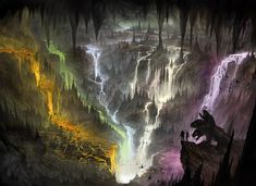 an image of a fantasy scene with waterfalls