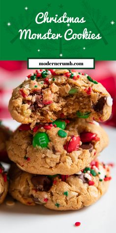 christmas monster cookies stacked on top of each other with the title overlay above it