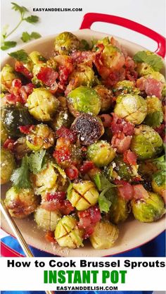 brussel sprouts with bacon and parsley in a white bowl on top of