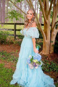 off the shoulder light blue A-line tulle formal gown with train Dresses For Woman, Flower Prom Dress, Tulle Prom Dresses, Long Formal Gowns, Princess Gown, Maxi Dress Prom, Tulle Gown, Sweet 16 Dresses, Floor Length Gown