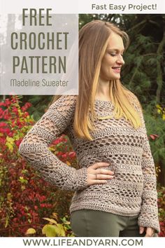 a woman wearing a crochet sweater with the text free crochet pattern