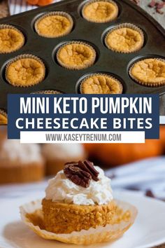 keto pumpkin mini cheesecakes with pecans in the middle and on top